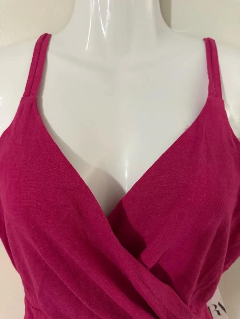 Zara Fuchsia Pink Ruched Wrap Mini Dress Linen Blend Strappy V Neck NWT Medium - Picture 7 of 16
